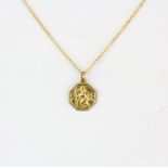 A hallmarked 9ct yellow gold pendant on a 9ct gold chain, L. 50cm.