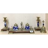 A superb Coalport porcelain, oak and brass desk set, including candlesticks and desk bell c. 1900,