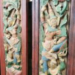 Three superb large Thai carved hardwood panels of dancers, 64 x 230cm.