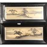 A pair of 1920's Japanese framed ink and gilt paintings, frame size 27 x 60cm.