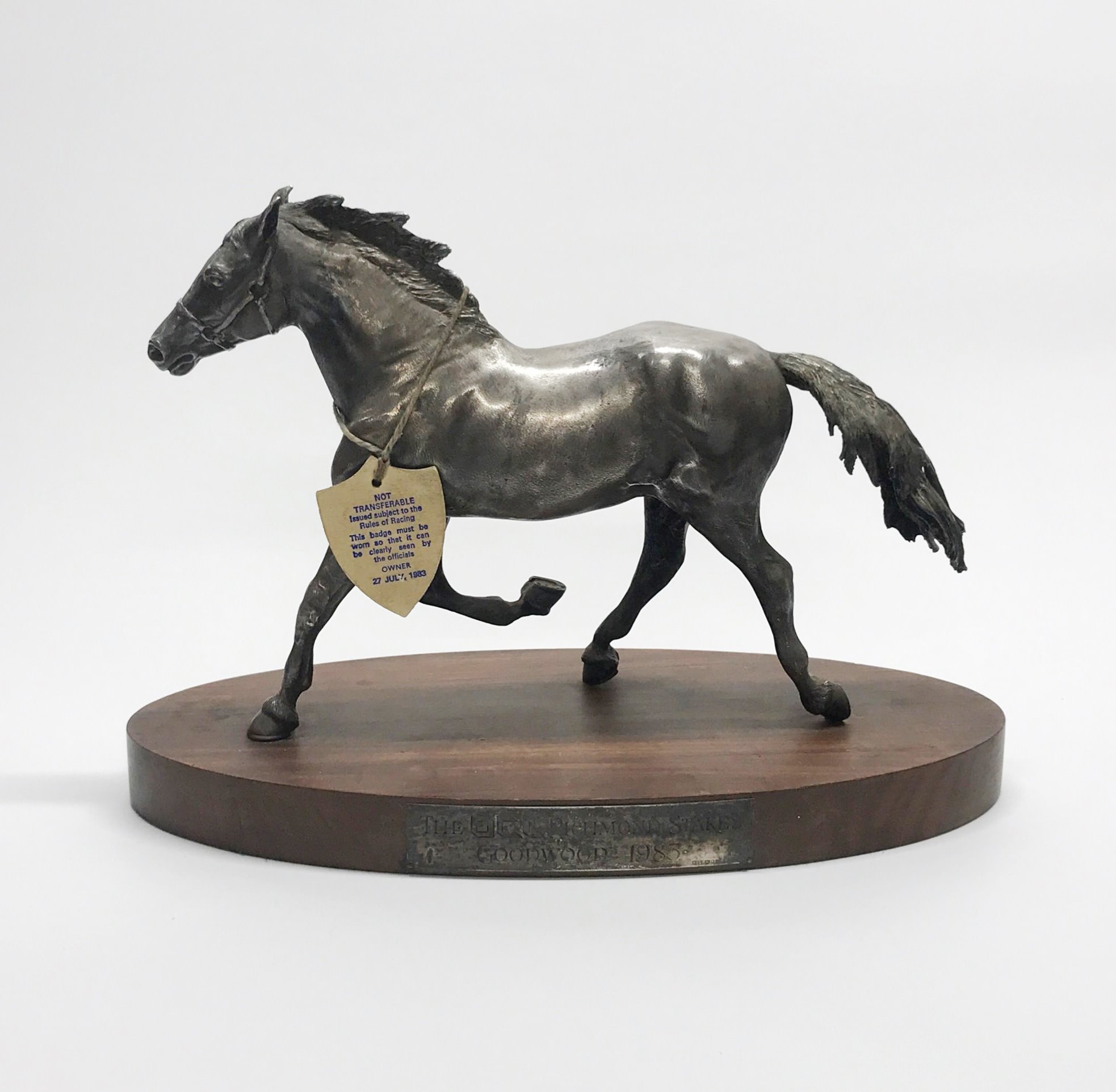A hallmarked silver model of a racehorse, presented to 'Godstone' at Goodwood 1983, mounted on a - Image 2 of 6