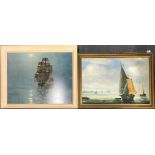 A gilt framed oil on canvas of sailing boats, 85 x 61cm. Together with a 1960's framed print of a