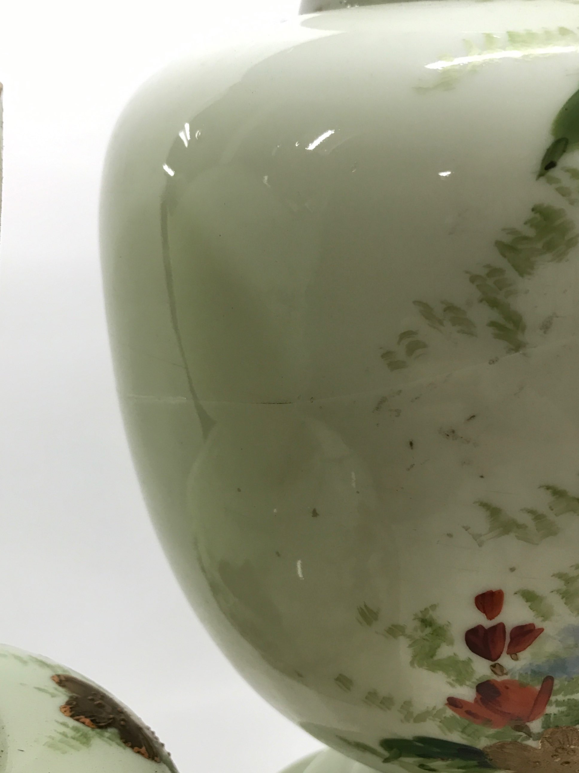 A large 19th century three piece garniture of hand painted pale green opaline glass vases, - Image 2 of 3