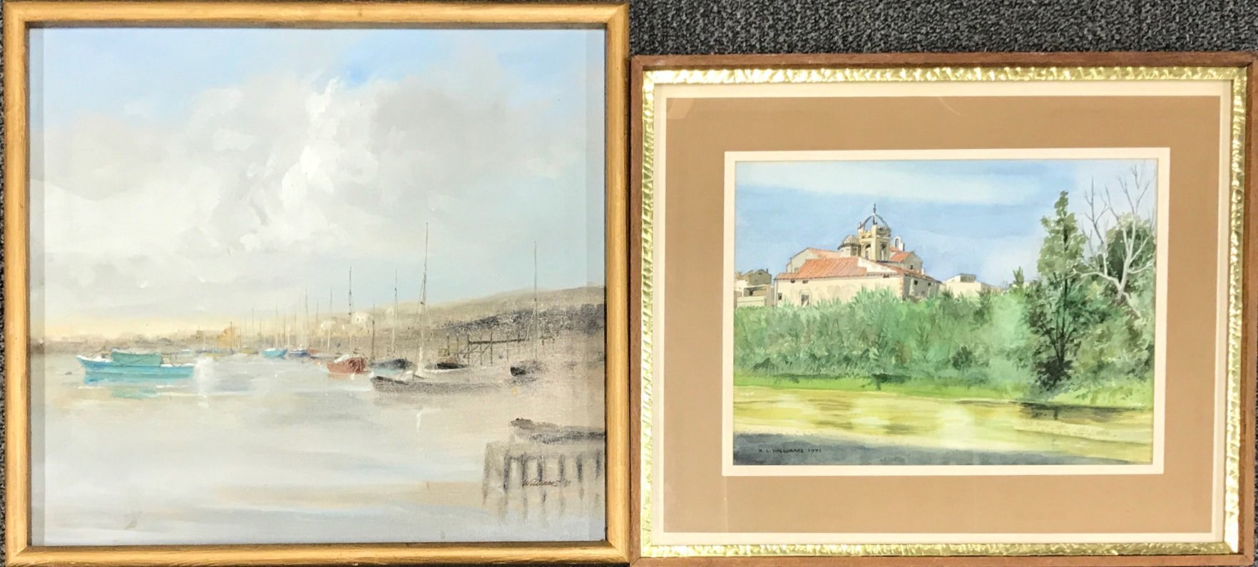 R.L. Williams: A framed oil on canvas 'on the River Crouch', frame size 53 x 48cm, together with a