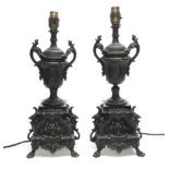 A pair of Victorian style cast metal and marble table lamp bases, H. 42cm.