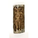 An unusual carved Indian hardwood panel of a female Ganesh image, 61 x 25cm.