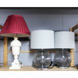 A vintage carved marble table lamp, H. 57cm (with shade), together with a pair of crackle glass