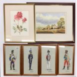 A group of four framed military watercolours signed Antoni (frame size 21 x 36cm), together with two