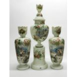 A large 19th century three piece garniture of hand painted pale green opaline glass vases,