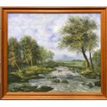 A framed oil on canvas depicting a waterfall scene, signed Patterson, frame size 68 x 58cm.