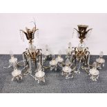 A pair of gilt brass and glass six branch chandelier light fittings.