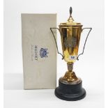 The Royal Hunt cup on plinth, won at Ascot 1980 by 'Tender Heart' ridden by Joe Mercer. Hallmarked