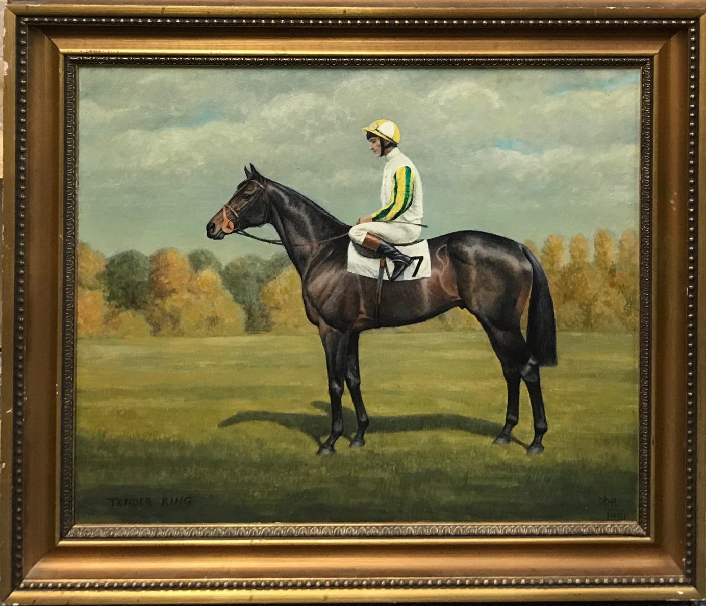 A framed oil on canvas depicting 'Tender King' the winner of the 1981 Windsor Castle Stakes,