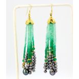 A large pair of 925 silver gilt drop earrings set with faceted cut emeralds and Tahitian South Sea