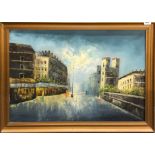 K. Arya: A framed oil on canvas of a street scene c. 1960's, frame size 83 x 58cm.