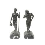 A pair of reproduction bronze figures on marble bases after Debas, H. 33cm.