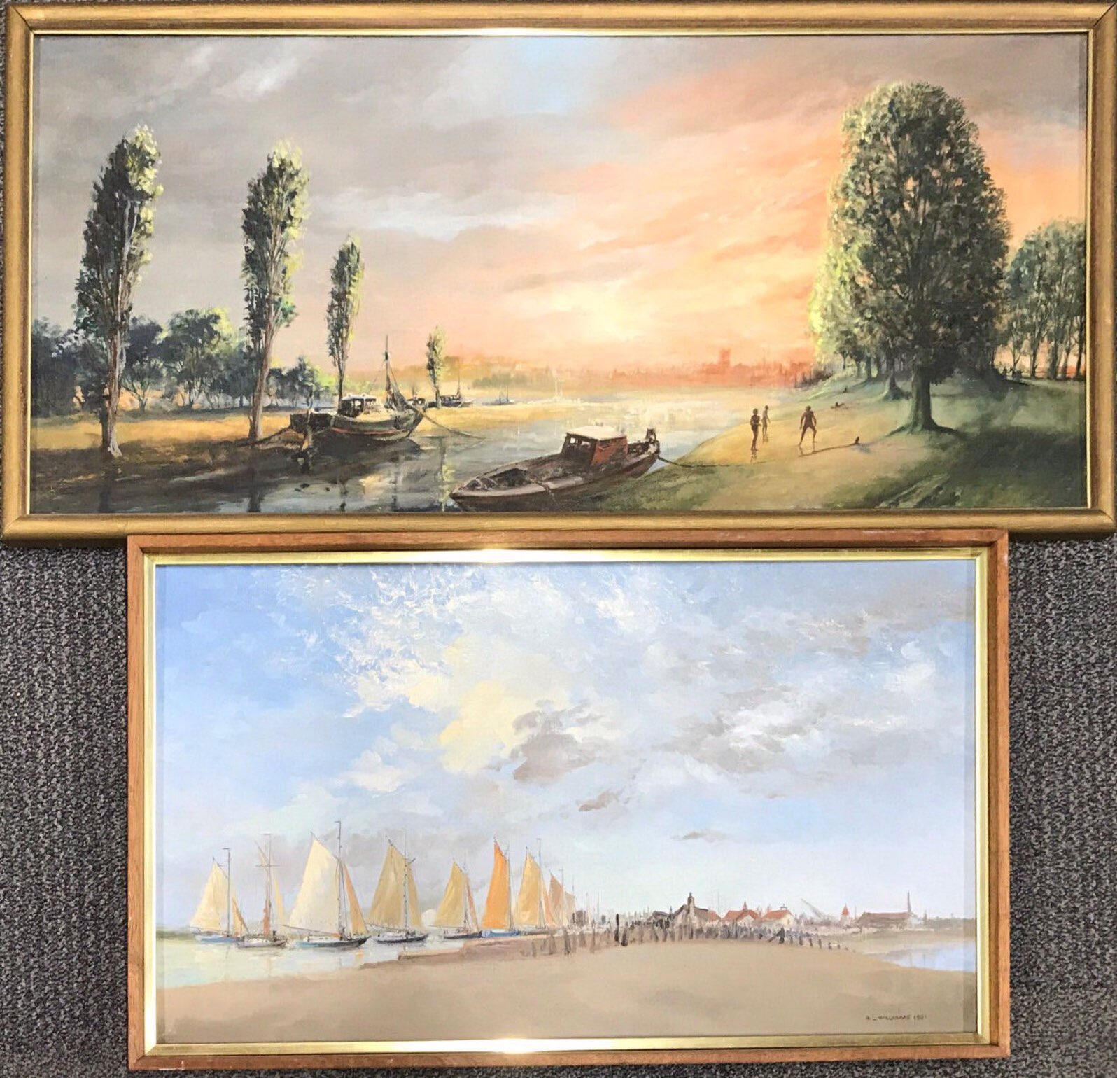 R L Williams: A framed oil on board depicting sailing boats frame size 74 x 43cm, together with an