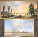 R L Williams: A framed oil on board depicting sailing boats frame size 74 x 43cm, together with an