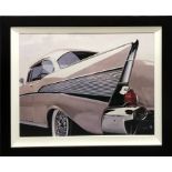 A large framed motorcar print, 98 x 78cm.