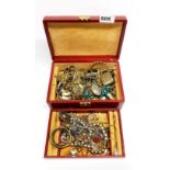 A leather jewellery box and extensive jewellery and other contents.