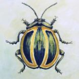 Laura Gomperz, "Green and Yellow Striped Beetle", oil on canvas, 30 x 30cm, c. 2020. This leaf