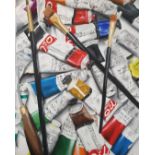 Kevin Devonport, "Painting Paint", oil on canvas, 47 x 58cm, c. 2021. A colourful still life image