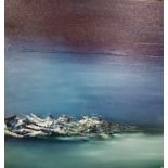 Bettie Heckford, "Lumi Valo", framed oil on canvas board, 52 x 52cm, c. 2021. A dark brooding sky
