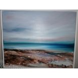 Bettie Heckford, "Tranquility", framed oil on canvas board, 29 x 37cm, c. 2022. Calm blue seas,