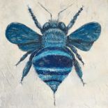 Laura Gomperz, "Blue Bee", oil on canvas, 30 x 30cm, c. 2020. This solitary blue-banded bee comes