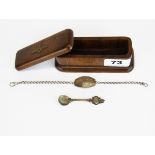 A gentleman's RAF hand made wooden collar stud box and contents, L. 12.5cm.