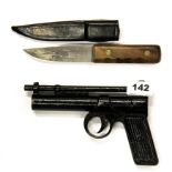 A vintage Webley junior air pistol with tin plate grip together with a Joseph Rodgers hunting knife.