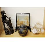 A Chinese framed cork carving with a carved wooden figure, shell flower arrangement and a Japanese