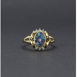A hallmarked 9ct yellow gold triple opal mosaic ring set with diamonds and sapphires, (P).