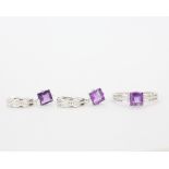 A pair of 925 silver clip back drop earrings set with amethyst and white stones with a matching