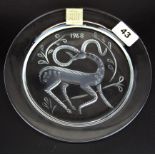 A 1968 Lalique year plate engraved Lalique France and with Cristal Lalique Paris label, Dia. 21cm.