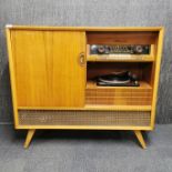 A walnut record cabinet containing a '3D sound' Garrard deck, 109 x 95 x 37cm.