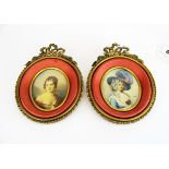 A pair of 20th century signed hand painted portrait miniatures of ladies, frame H. 16cm.