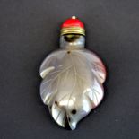 An unusual Chinese carved leaf shaped agate snuff bottle, L. 8cm. Jean Rich collection.