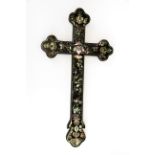 A 19th century Chinese carved mother of pearl inlaid hardwood cross, H. 44cm.