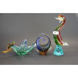 Two Murano glass bird figures and one sculpture, tallest 30cm.