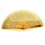 A cased celluloid fan with crown and seed pearl decoration, case W. 61cm.