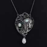 A large 925 silver and enamel Art Nouveau style pendant set with faux opal and a pearl, L. 6.5cm, on