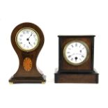 An Edwardian inlaid mahogany balloon shaped eight day clock H. 22cm. together with a further