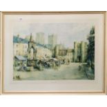 A large 1970's framed lithograph of the Market Place, Wells after Sturgeon, frame size 96 x 73cm.