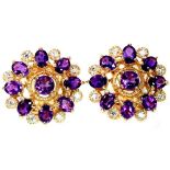 A pair of rose gold on 925 silver cluster earrings set with round cut amethysts and white stones,