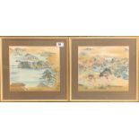 A pair of framed and signed Chinese watercolours of river scenes, frame size 36 x 34cm.