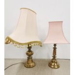 Two gilt brass table lamps and shades, tallest 75cm.