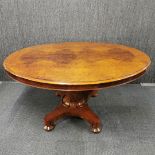 A very fine burr walnut veneered tilt top table, 104 x 140cm.