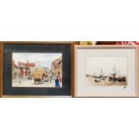 Two framed watercolours of Rayleigh high street and Leigh on Sea in winter, largest frame 43 x