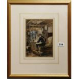 A gilt framed watercolour of a man working beside a window, 40 x 47cm.